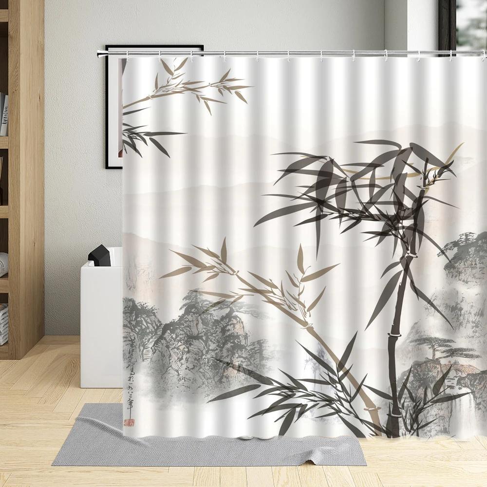 Chinese Style Shower Curtain Ink Painting Mountain Bird Flower Plant Bamboo Scenery Bathroom Hanging Curtain Set Polyester Cloth