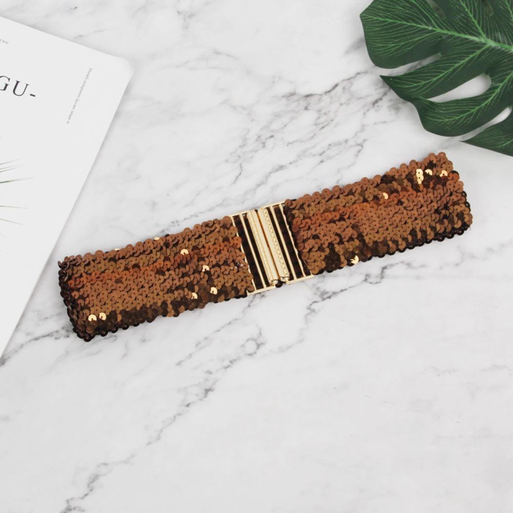 

60cm Elastic Sequin Stretch Belt Eye Catching Versatile Shinny Waistband Gold Buckle Disc Professional Women s Belt Dresses кофейный
