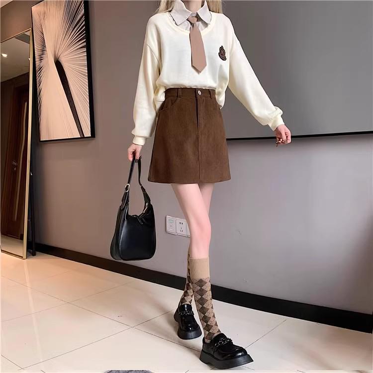 Women's Plus Size High Waist Coffee Corduroy A-Line Skirt - Slimming Anti-Exposure Short Skirt for Fall/Winter