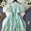 Summer Lace Hook Flower Embroidered Bubble Sleeve Dress for Womenfashion Slim Waist Dress Female A-line Cake Party Retro Dress