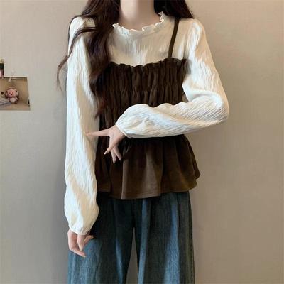 Chemise Style Automne Grande Taille Fausse Deux Pièces Manches Longues Style Poupée avec Couverture Amincissante pour le Ventre
