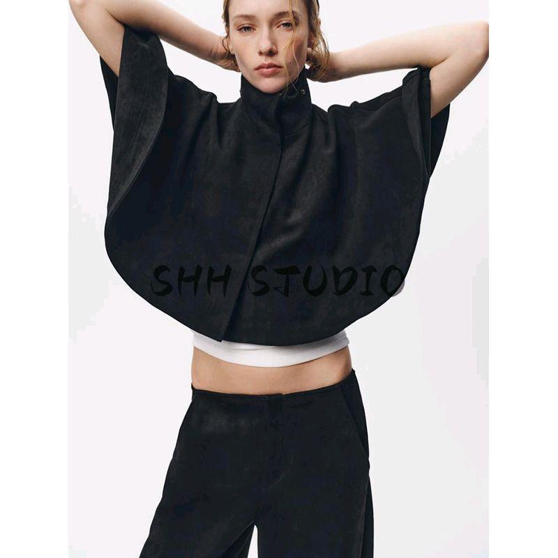 Spring New Women's Clothing French Style Circular Lower Hem Suede Texture Effect High Collar Cape Coat 4344151