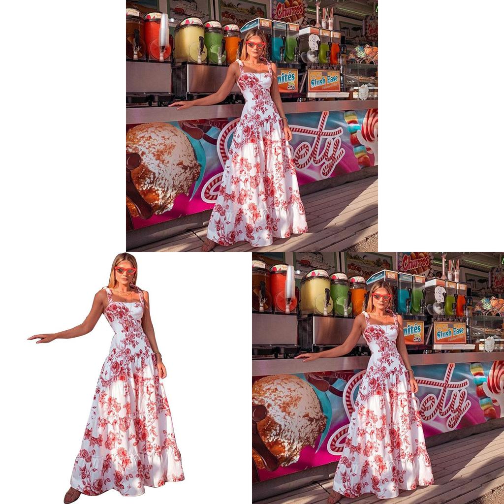 Summer Printed Sleeveless Maxi Dress With Cotton Blend Fabric For Beach Vacation
