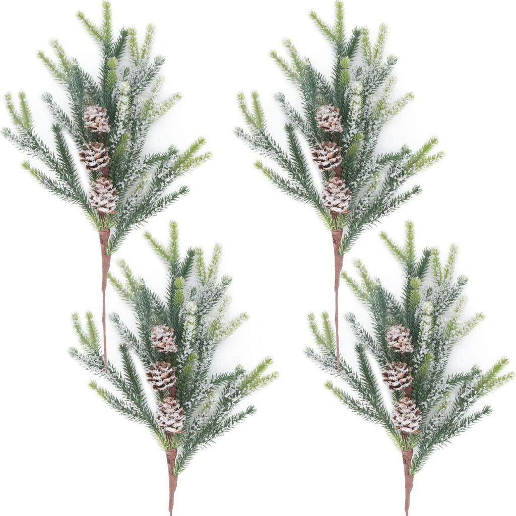 13in Christmas Fake Frosted Pine Pick W/Pinecone Artificial Flocking Pine Pick Fake Greenery Tree Branch for White Winter Decor