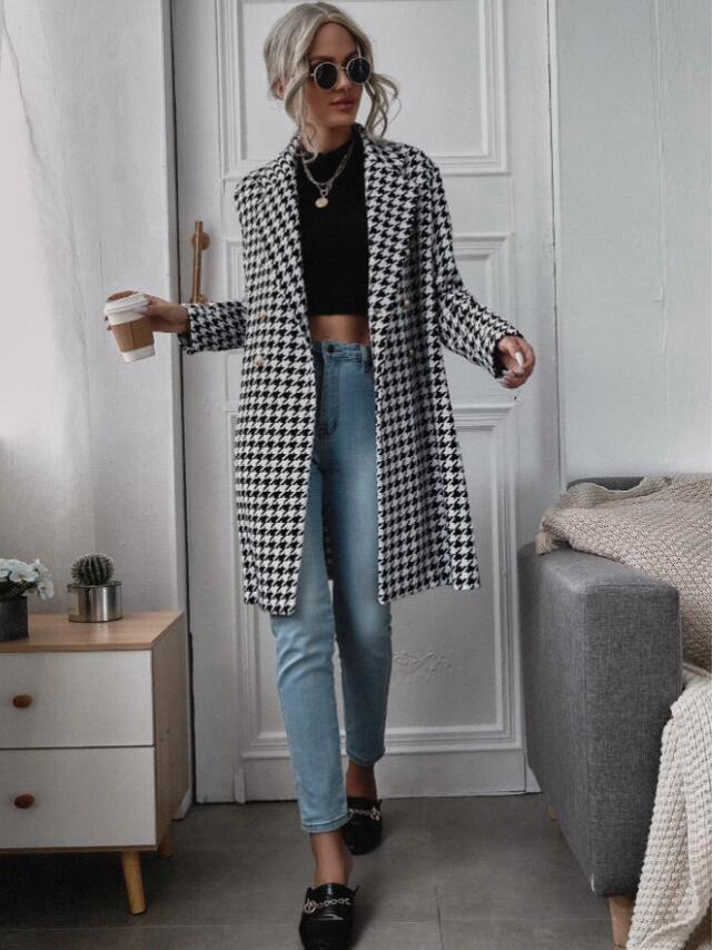 Dámský podzimní/zimní dlouhý vlněný kabát s kohoutí stopou 2023