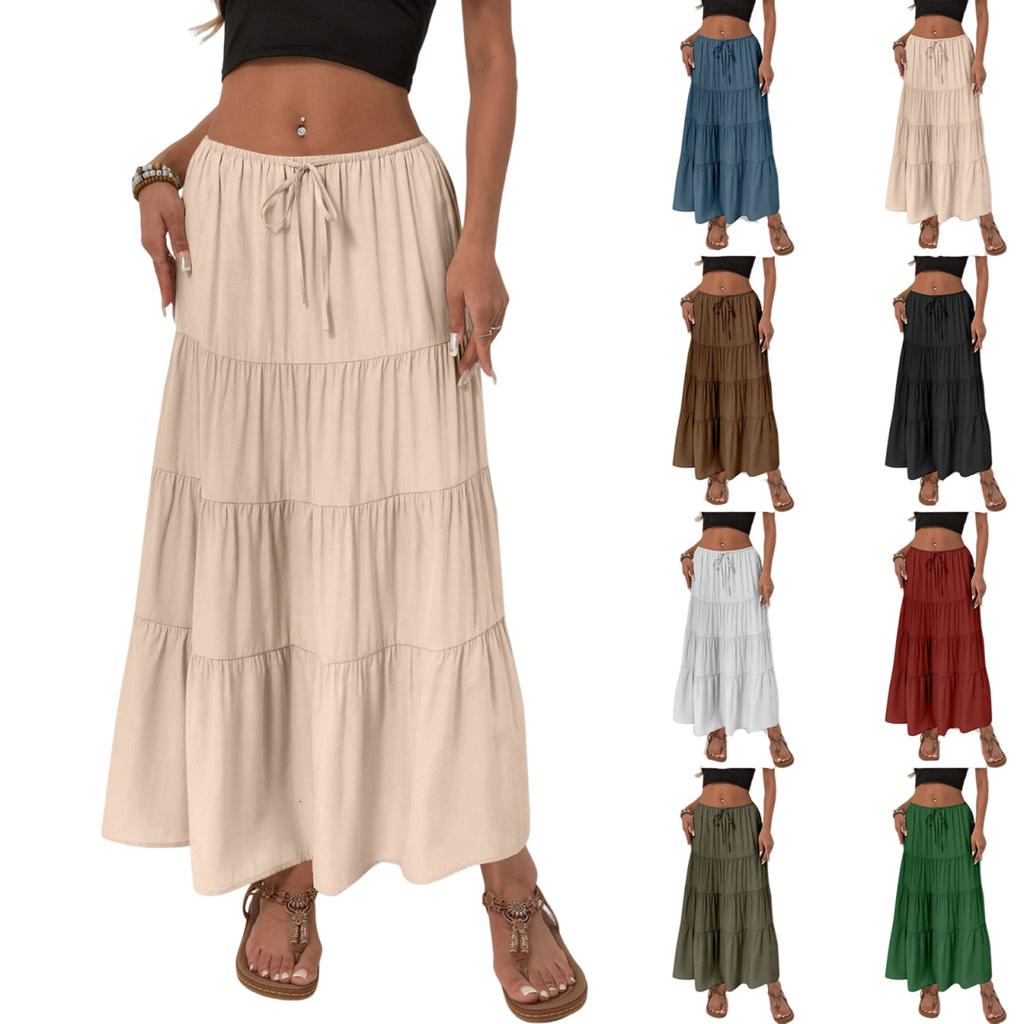 Damen Baumwollrock Hohe Taille Elastischer Bindegürtel Großer Schwingrock Europäischer Und Amerikanischer Lockerer Gespleißter Langer Rock Für Damen