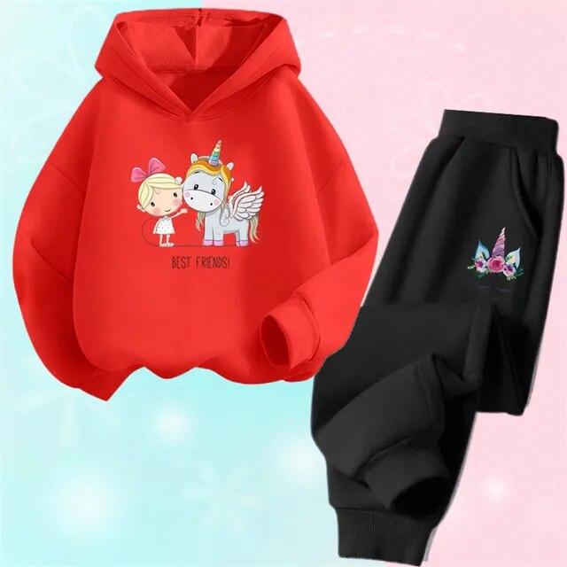Cartoon Einhorn Pony Kapuzen Baumwollanzug für Mädchen Hoodies und Hosen zweiteilige Outfits Frühling Herbst Sportkleidung 3-14 Jahre