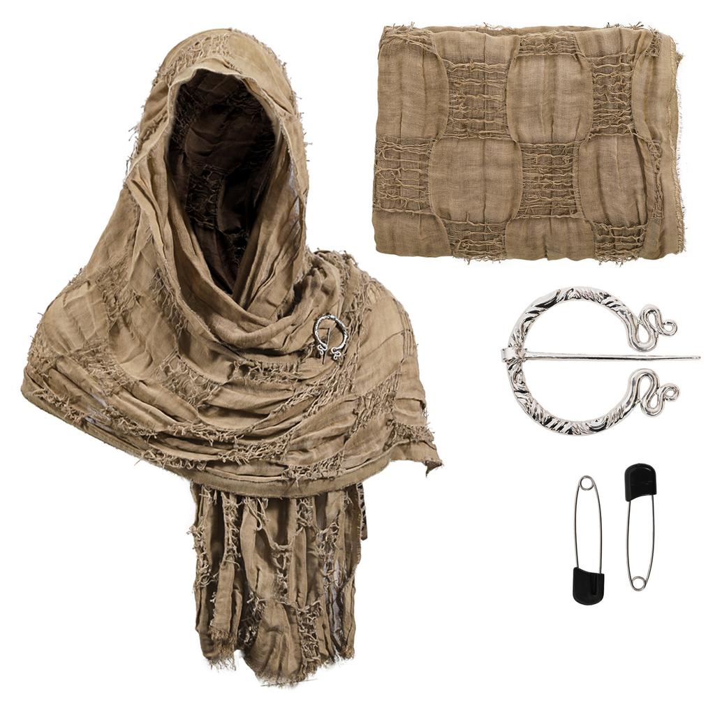 Medieval Shawl Wrap Post Apocalyptic Cosplay Cloak Breathable Cotton Blend Distressed Scarf with Pin for Halloween Party