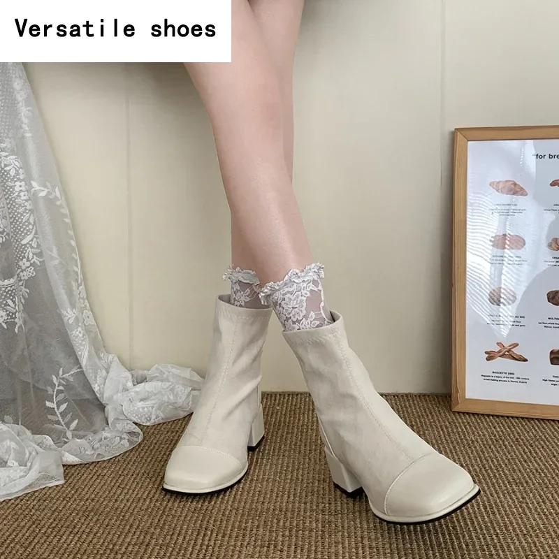 Cizme scurte pentru slăbire elastice pentru femei Fermoare din spate la modă Pantofi cu toc mic Toamna iarnă Botine noi pentru femei