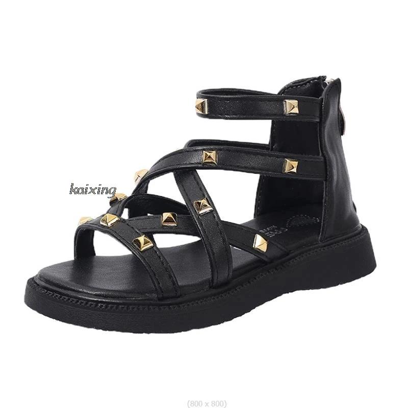 Summer New Kids Sandals Girls Princess Rivet Sandals Soft Children Beach Shoes Fashion Roman Sandals Size 21-36 Versatile 36