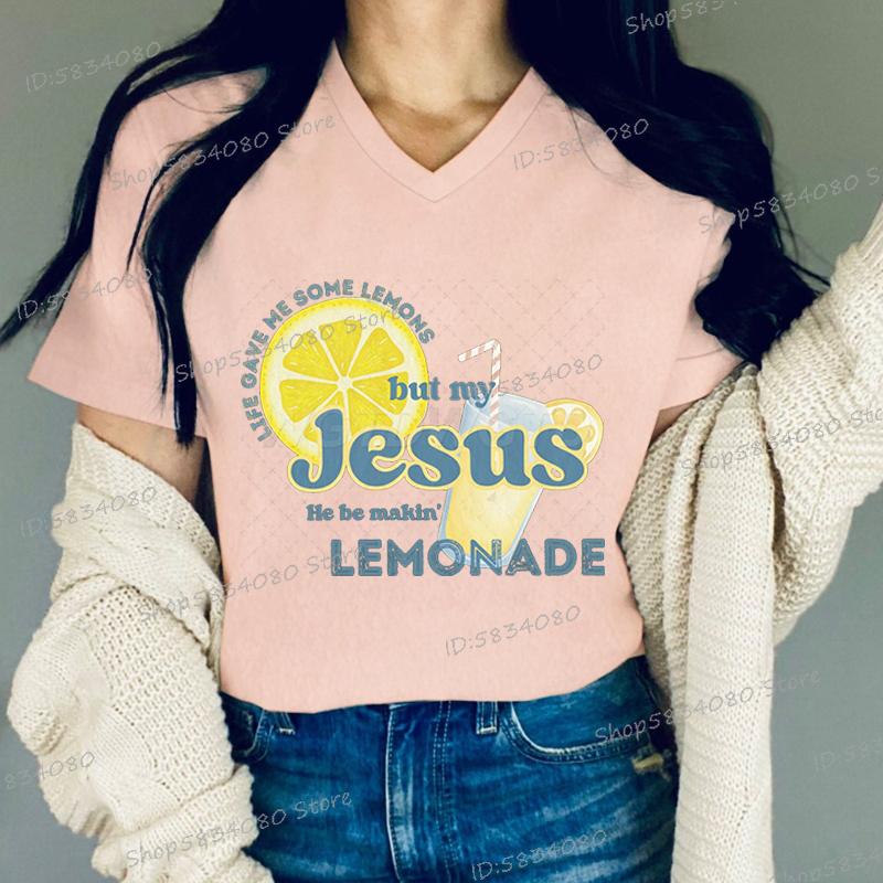 Faith Based TShirt for Unisex Women Gift for Christian Vneck Casual Tops Jesus He Be Makin Lemonade Bible Verse Graphic Tee Top