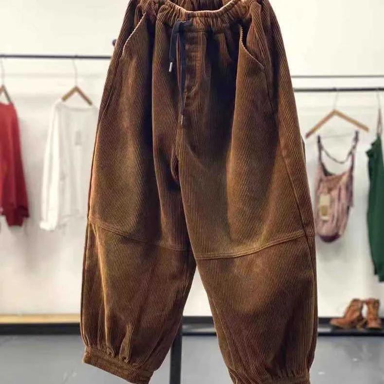 Ladies Large Size 4XL Corduroy Pantalons Female High Waist Add Velvet Casual Trousers Winter Women Loose Fit Lantern Pants