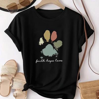 Faith Hope Love Paw Print Womens Tee  Boho Pet Graphic Casual Dog Lover Thirt Shirt Femme Graphic T Shirts Y2k Top