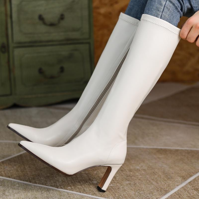 Černé Bílé Kozačky nad Koleno Dámské Zimní Boty Nové 2024 Elegantní Zip Špičatá Špička Dámské Dlouhé Boty Velká Velikost Obuv Značka