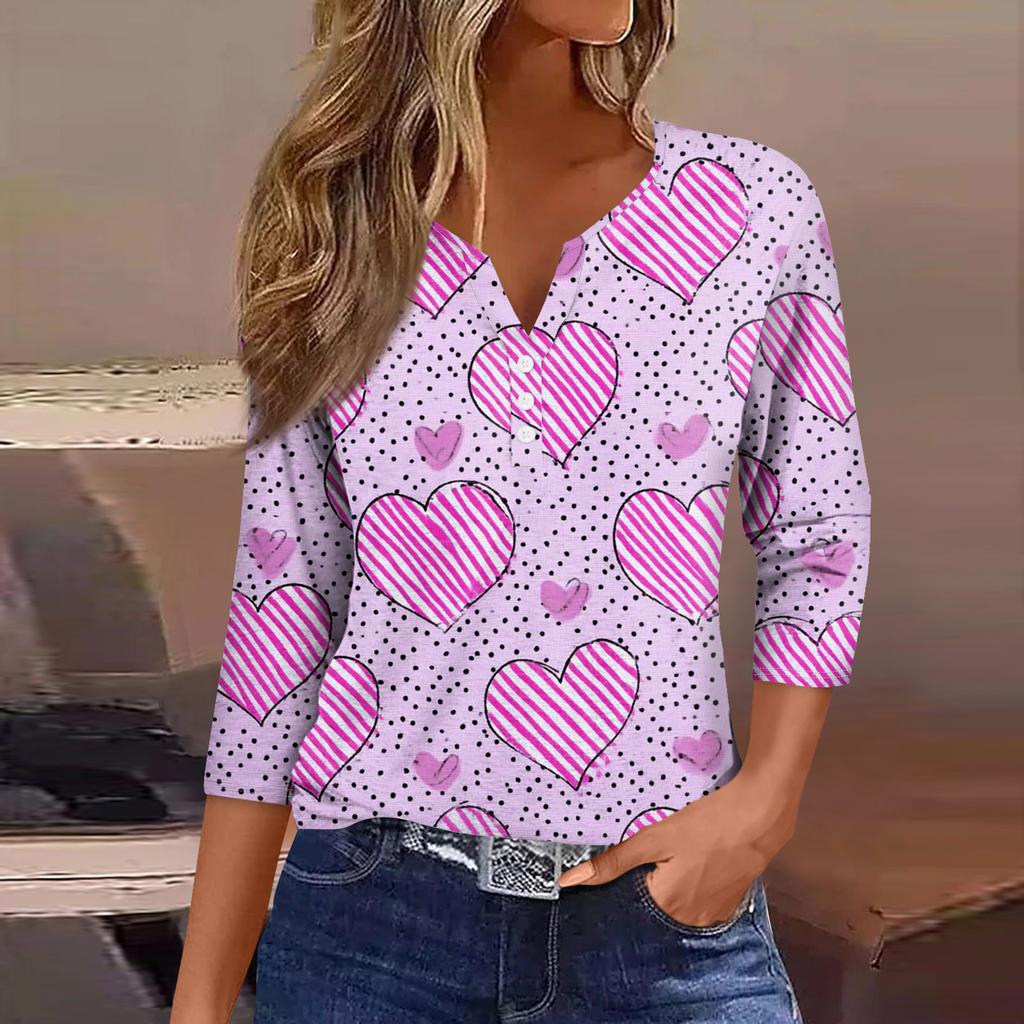 Damen Kragen Valentinstag Print Kurzarm T-Shirt Top