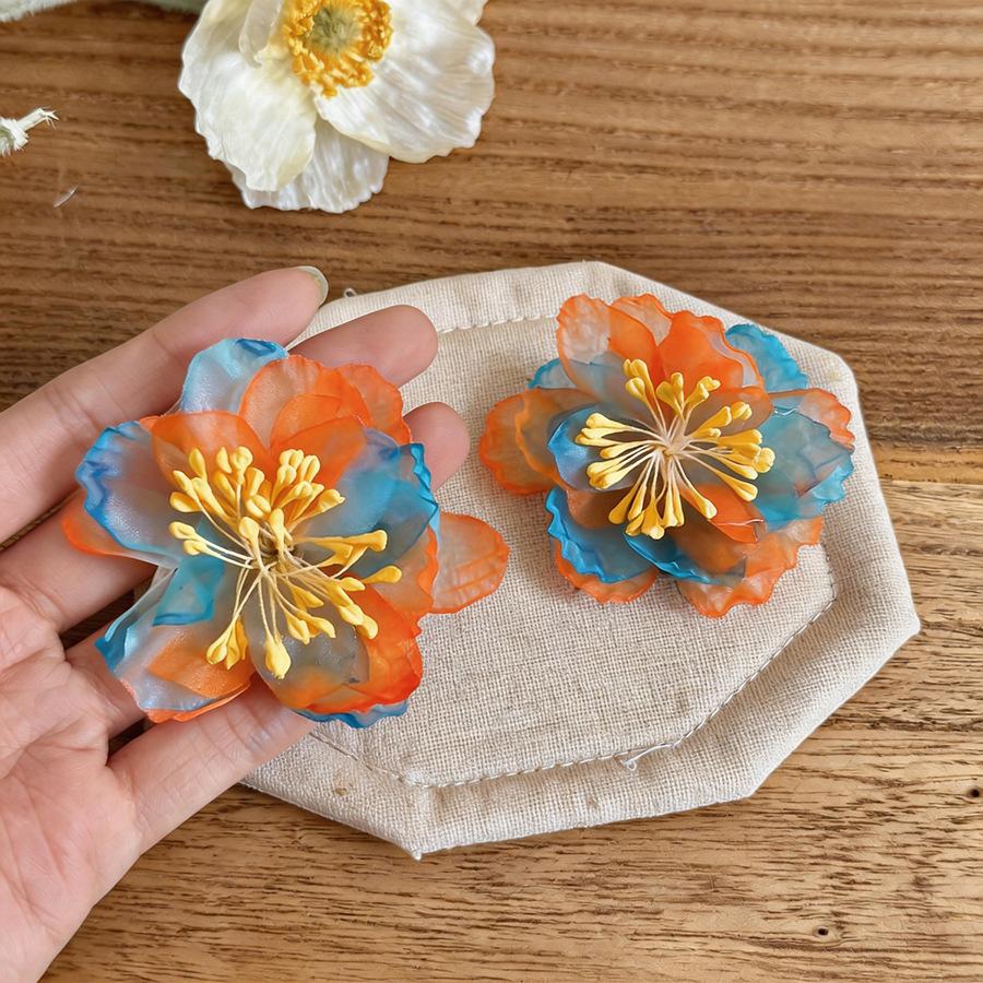 Large Fabric Flower Stud Earrings Bohemian Chiffon Petal Earrings Women's Fashion Summer Beach Holiday Statement Ear Jewelry