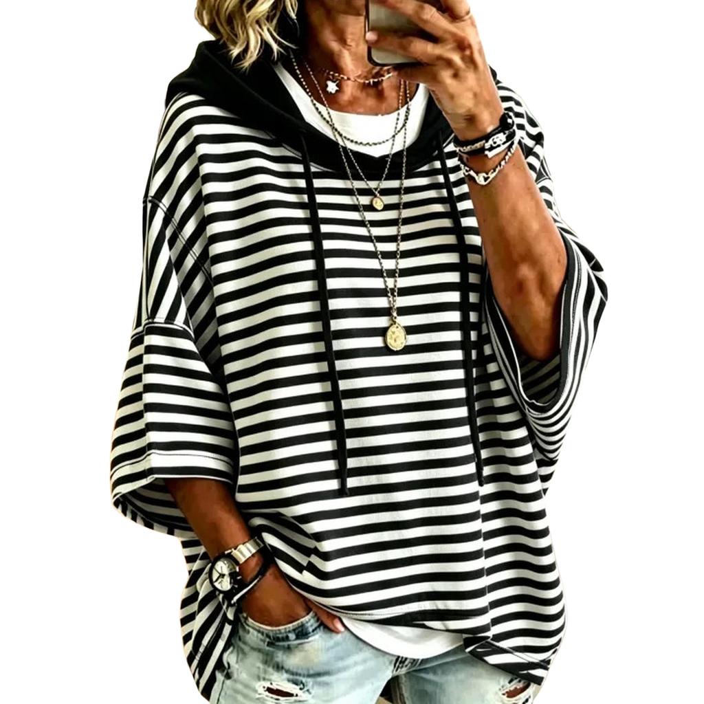 Damen Gestreifter Pullover Hoodie mit Dreiviertelärm Lockerer Schnitt Lässiges Oberteil