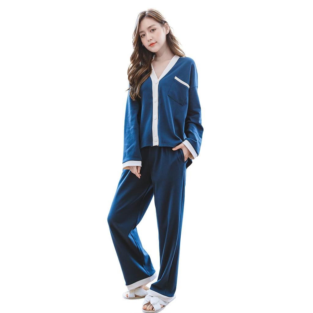 MiniZaru Cotton Loungewear Loose Long and Cute and Women's 100% Pajamas, Fit, Sleeves, Pants, Skin-Friendly (2047 Blue, Medium)