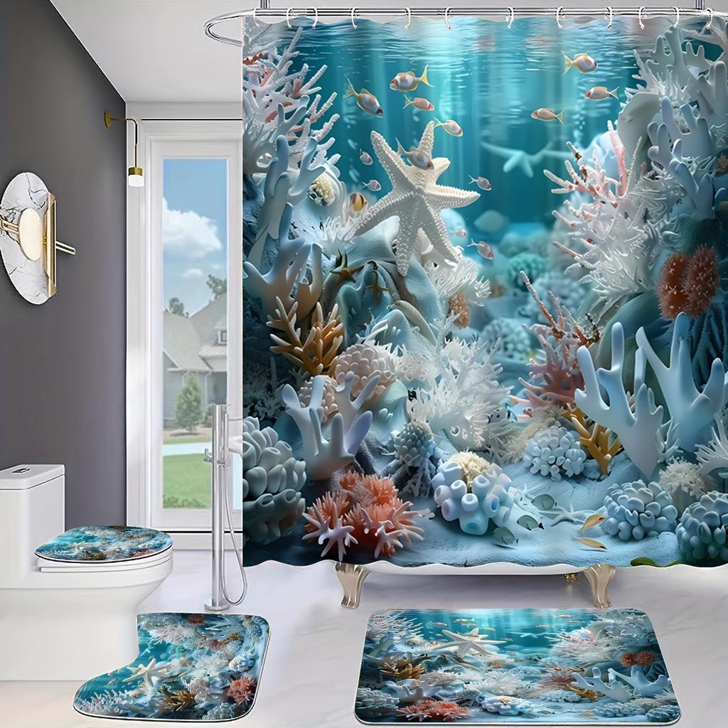 Enchanting Underwater Coral Reef Bathroom Set - Waterproof Shower Curtain, Toilet Lid Cover, Bath Mat, And Contour Mat
