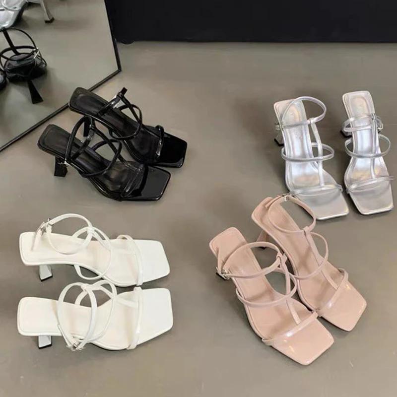 Fashion Women's Thin Strap Anckle Buckle Sandals Luxury Square Toe Thin Heel Sandalias Female High Quality Party Platform Sandals Mujer
