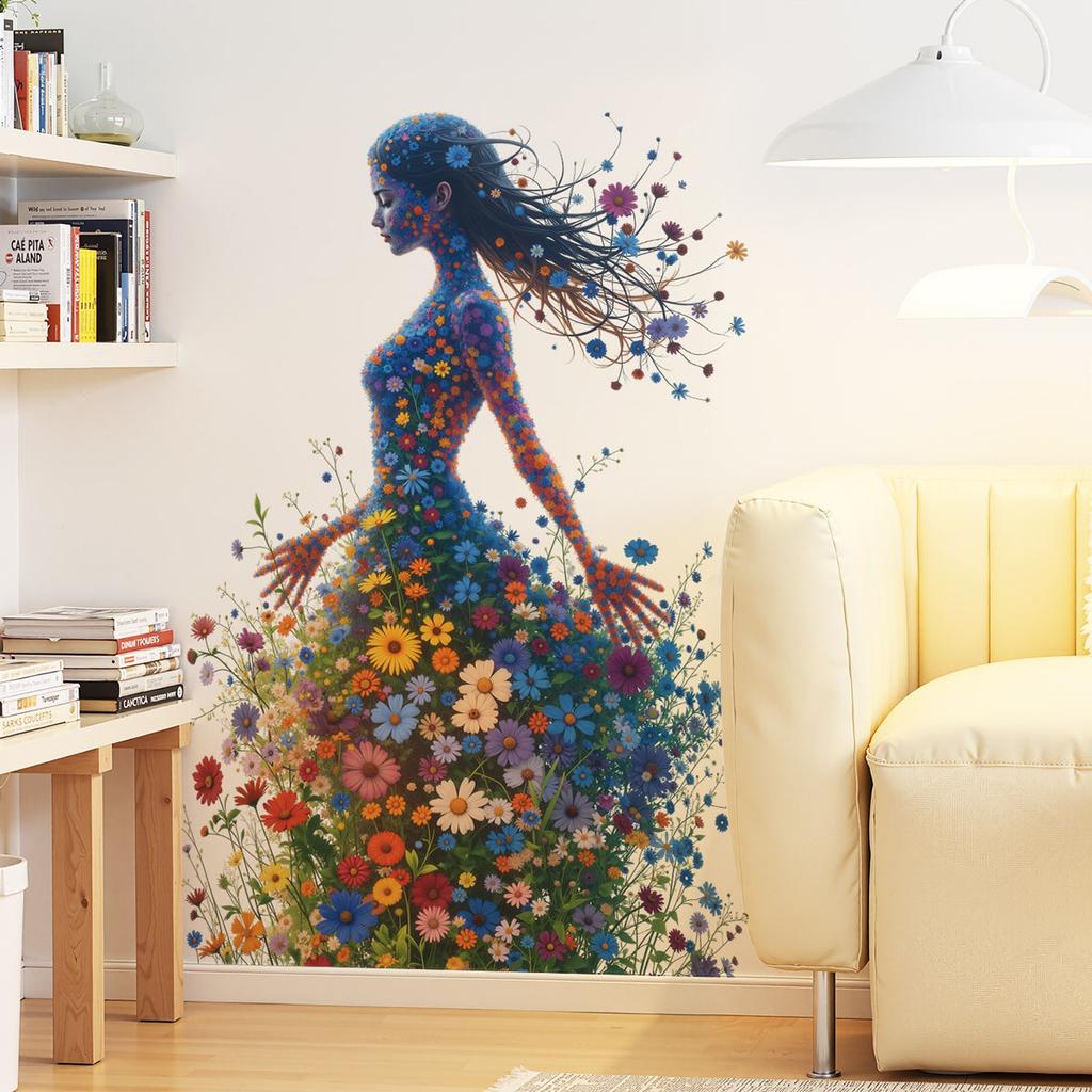 Flower Fairy Wall Sticker Removable Silhouette Decal for Bedroom Living Room Background Home Decor