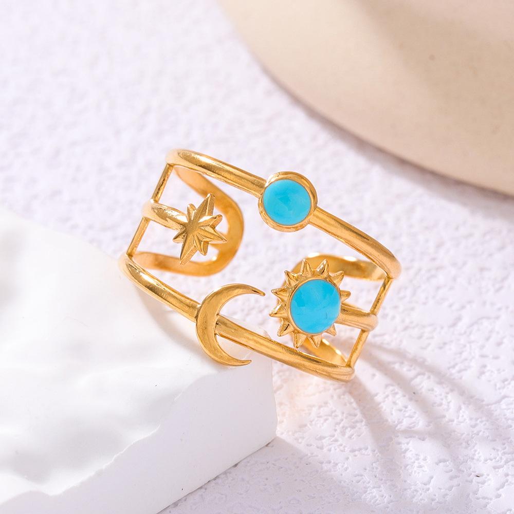 Anéis Ajustáveis em Aço Inoxidável com Design de Três Espirais Estrela Lua Sol Anel Aberto Turquesa para Homens Mulheres Joia Exquisita Presente