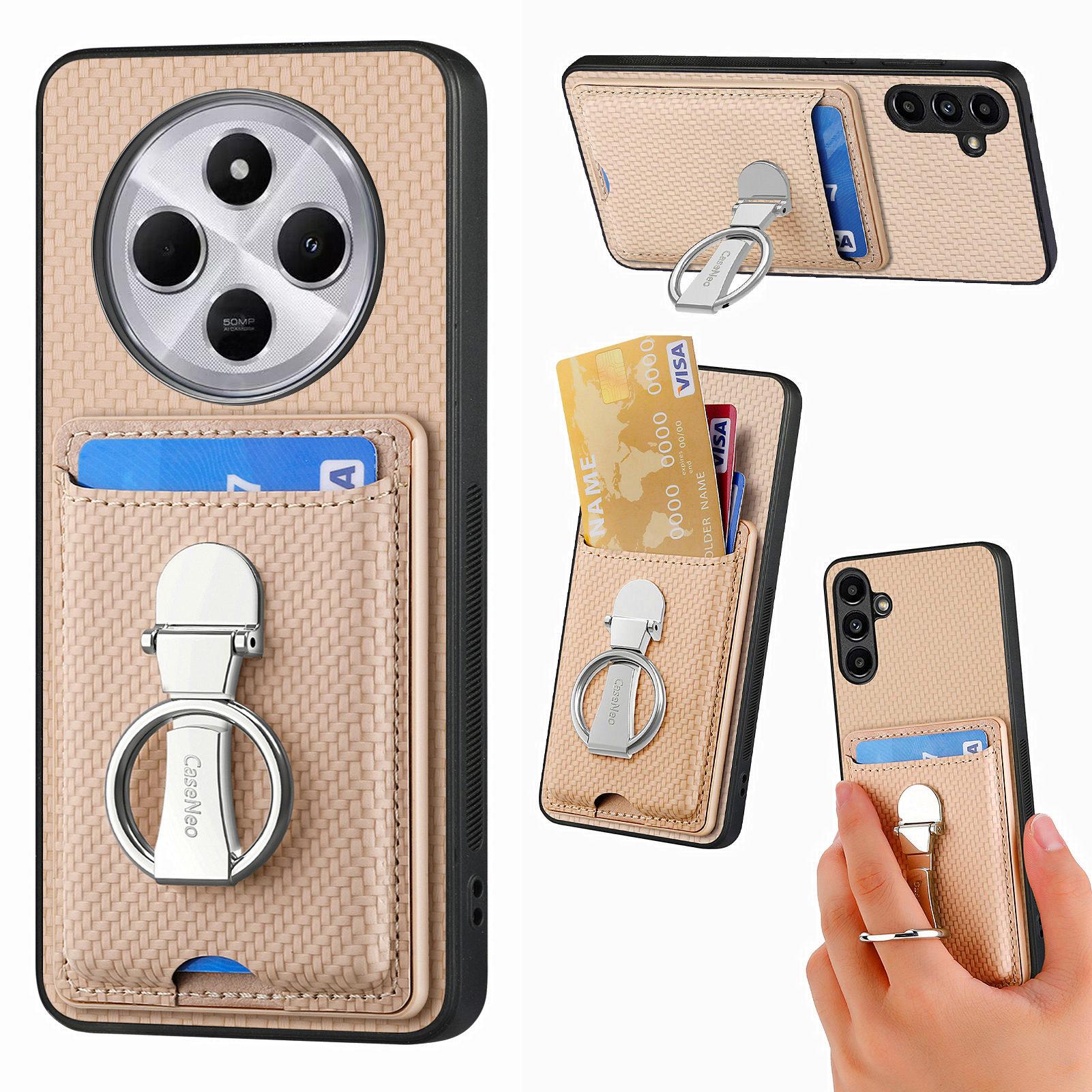 

CASENEO C1-9 Phone Case For Xiaomi Redmi 14C 4G/14R 5G/Poco C75 4G Carbon Fiber Texture Leather Back Cover with Card Slots Kickstand Khaki