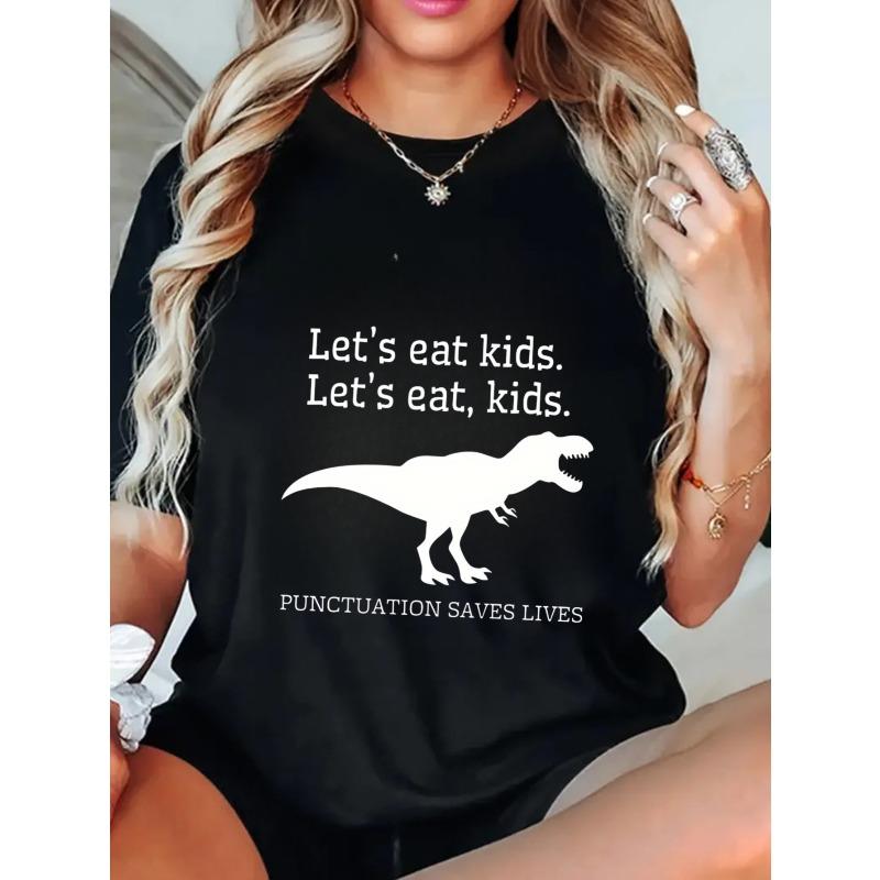 Oversized T Shirt Black Dinosaur And Punctuation Text Print Casual Wear For Women And Girls