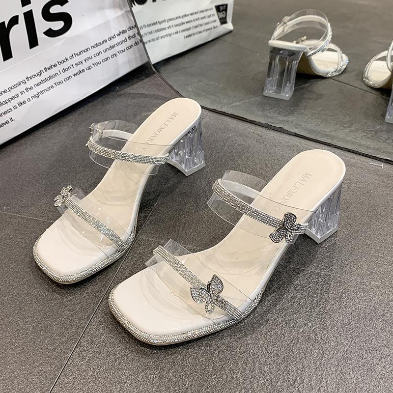 Fairy crystal thick heel slippers female outer wear 2025 summer new beautiful transparent rhinestone temperament one-word drag