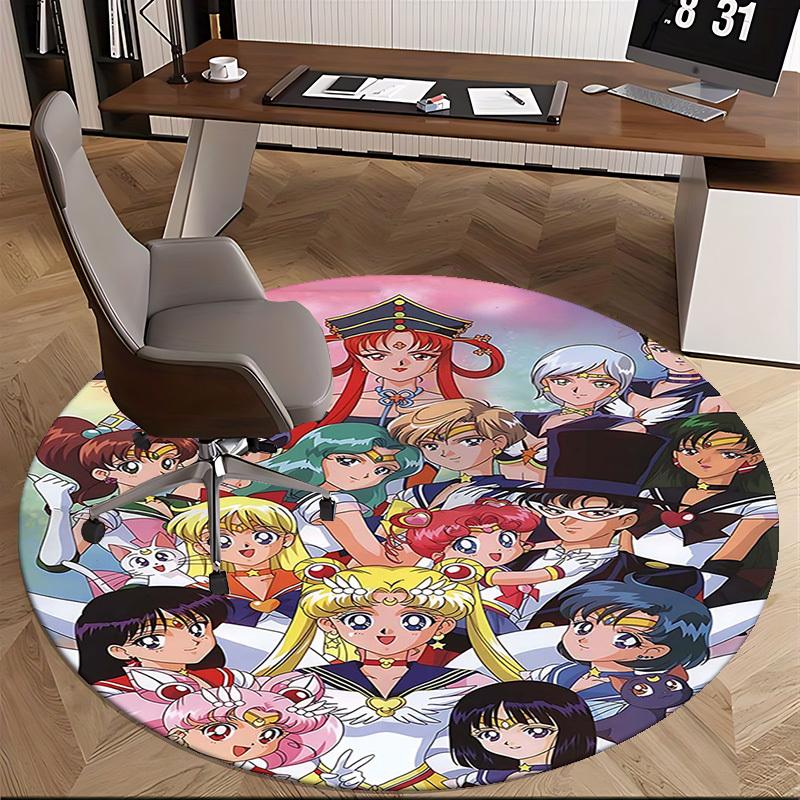 1pc Sailor Moon Anime Round Carpet Office Chair Mat, NonSlip Rug for Home Decor, Living Room, Bedroom, Game Room