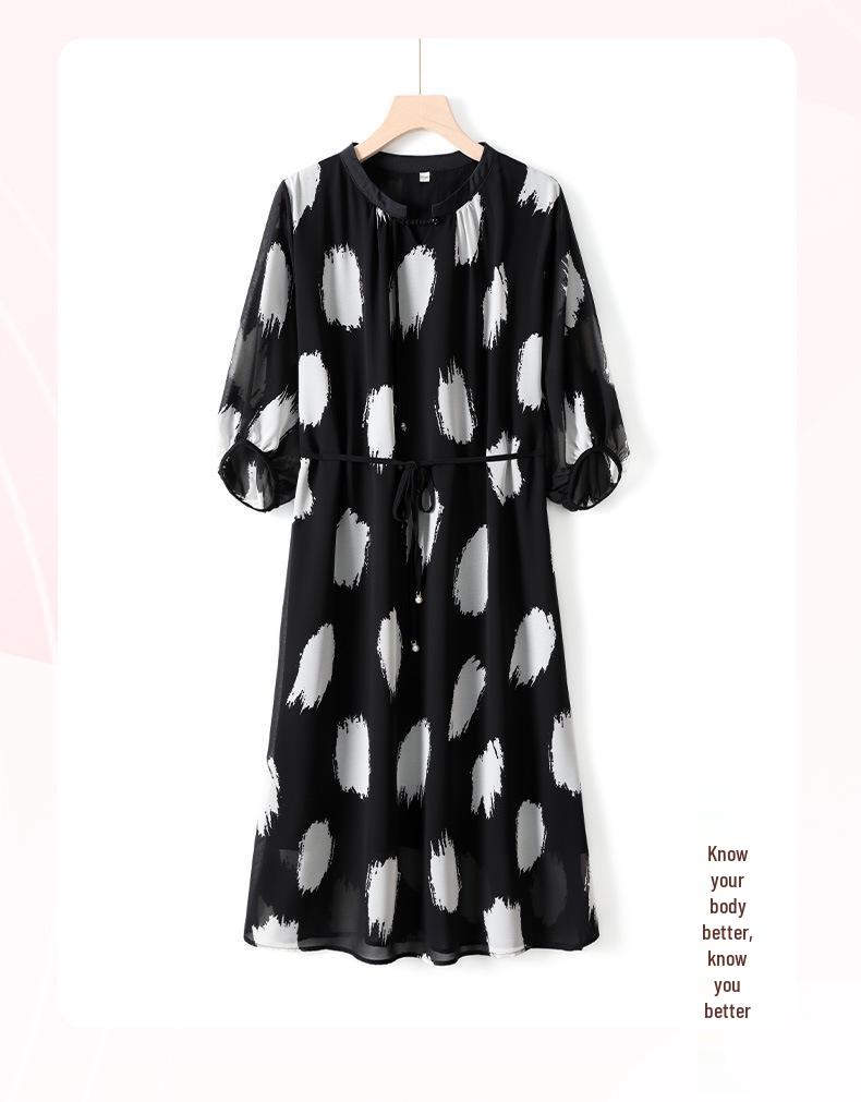 Summer Women's Short-Sleeved Chiffon Midi Dress with Meat-Print Design