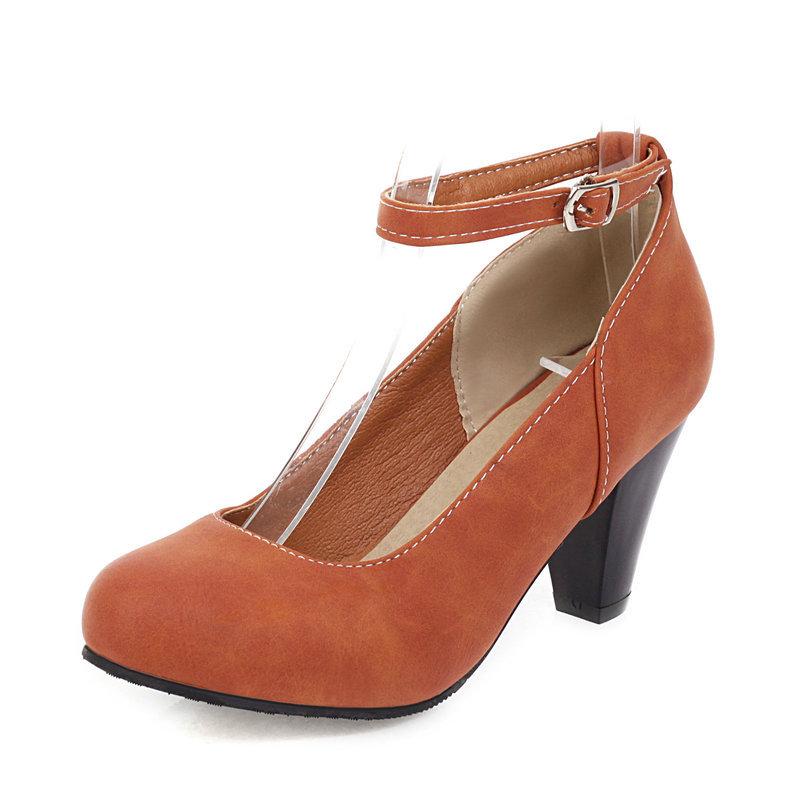 Women High Pumps Ankle Strap Retro Female Thick High Heels Womens Shoes Suede Ladies Black Office Shoes 33-46