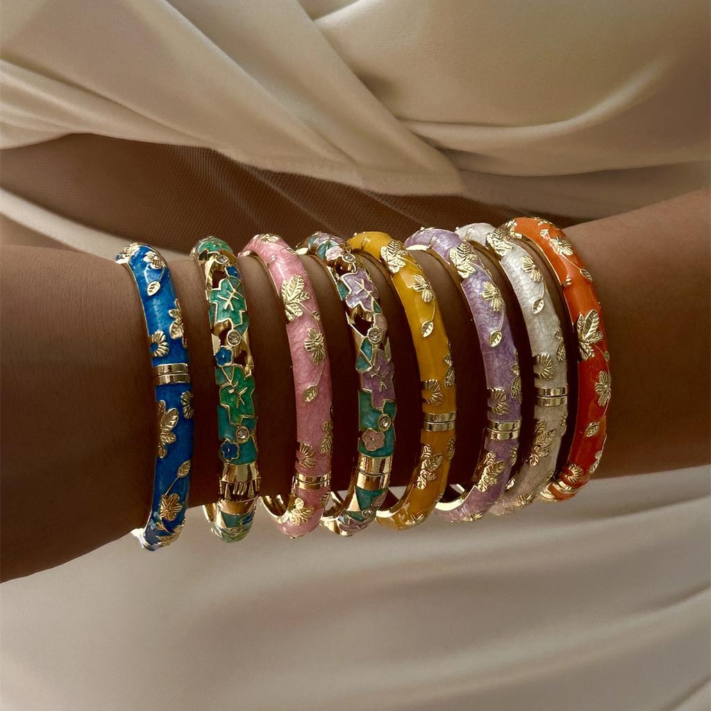 Ethnic Style Luxury Multicolor Enamel Flower Bracelets For Women Gold Color Leaf Floral Cloisonne Bangle Bohemia Charm Jewelry