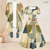 Women Plus Size Two Piece Set Geometric Printed Square Neck Short Sleeve Tie Waist Flared Dress And 3 4 Sleeve Long Cardigan