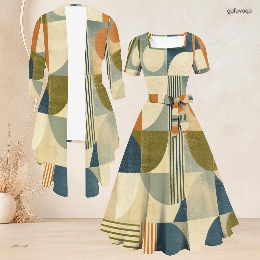 Women Plus Size Two Piece Set Geometric Printed Square Neck Short Sleeve Tie Waist Flared Dress And 3 4 Sleeve Long Cardigan