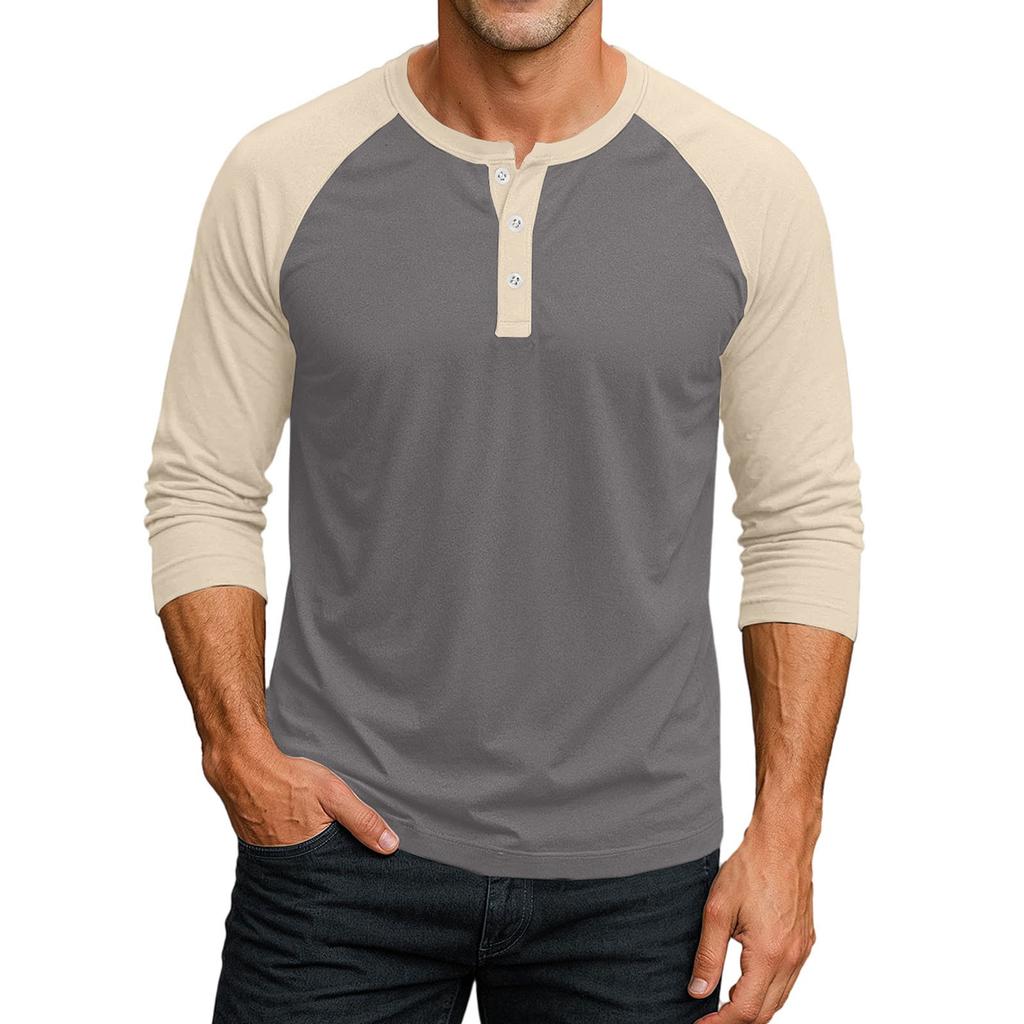 Men's Button-Down Contrast Raglan 3/4 Sleeve Top