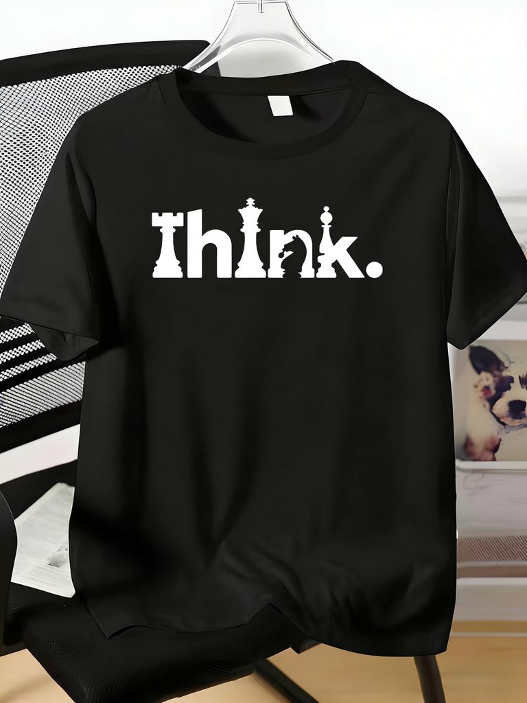 Unisexs Tee Think Word Combined With Chess Pieces Print Cotton Short Sleeve Male Casual Streetwear Outdoor Daily Basic Fashion Top