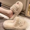 Pearl thick-soled fluffy slippers for women's outer wear 2025 autumn non-slip one-word indoor home fluffy cotton slippers