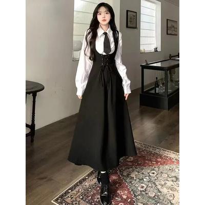 Women's Spring Summer and Autumn White Lapel Shirt + Loose Mid Length Vest Skirt Two Piece Set with Belt