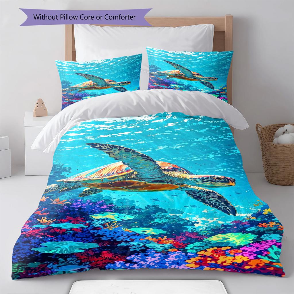 Colorful Sea Turtle Pattern Bedding Set Quilt Cover Pillowcase Home Decor Gift (1 * Duvet Cover + 2 * Pillowcase, Without Core)