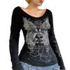 Women Trendy T-Shirt, Rhinestones Scoop Neck Long Sleeve Regular Fit Casual Tops Streetwear for Females, Black