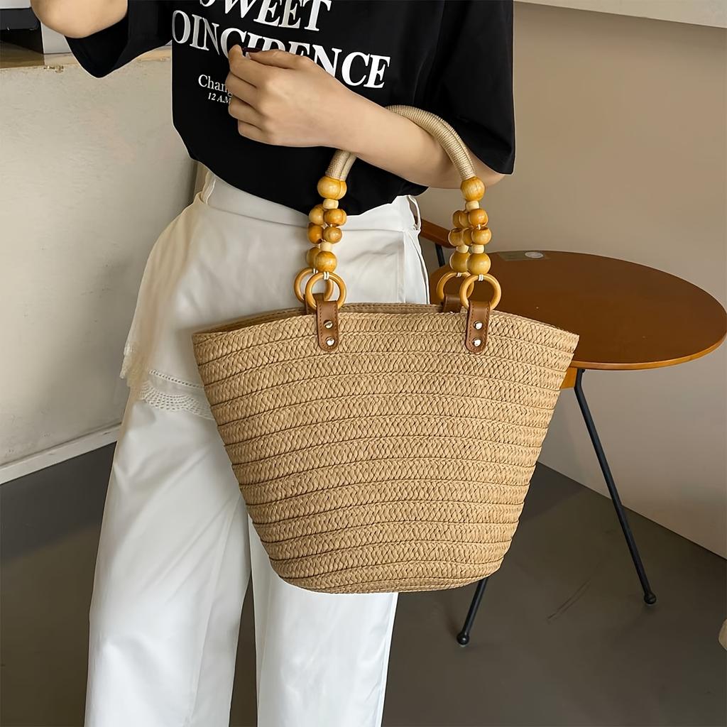 Women's Tote Bag Vacation Style Beaded Decoration Large Capacity Straw Weaving Tote Bag Suitable for Holiday Travel, Shopping and Walking