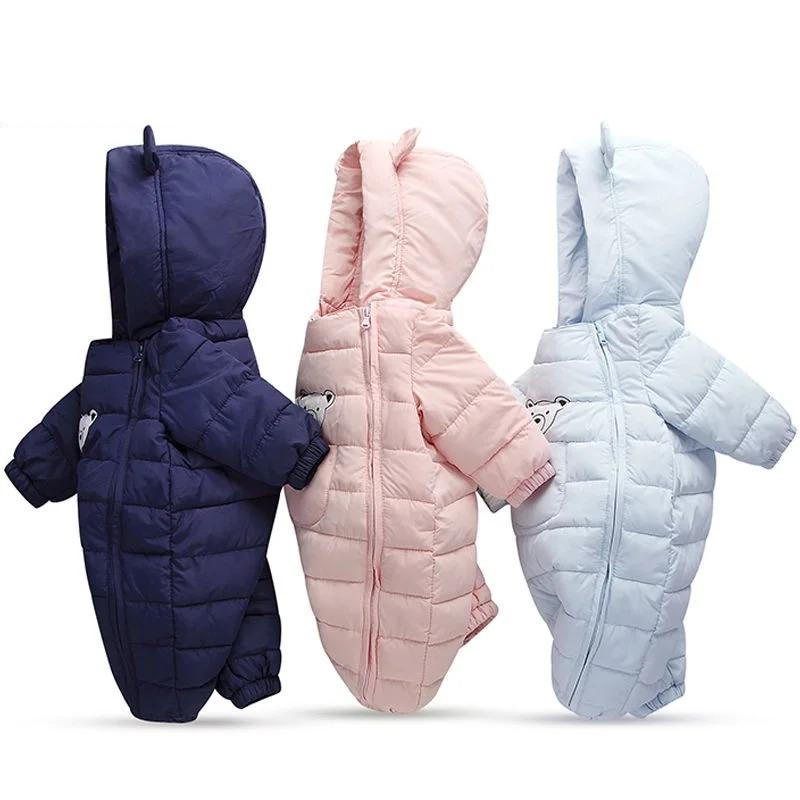 Zimní dětský overal s kapucí medvídka, polstrovaný sněhový oblek, dvojitý zip, tlustý teplý overal, unisex pro novorozence, batolata, chlapce i dívky