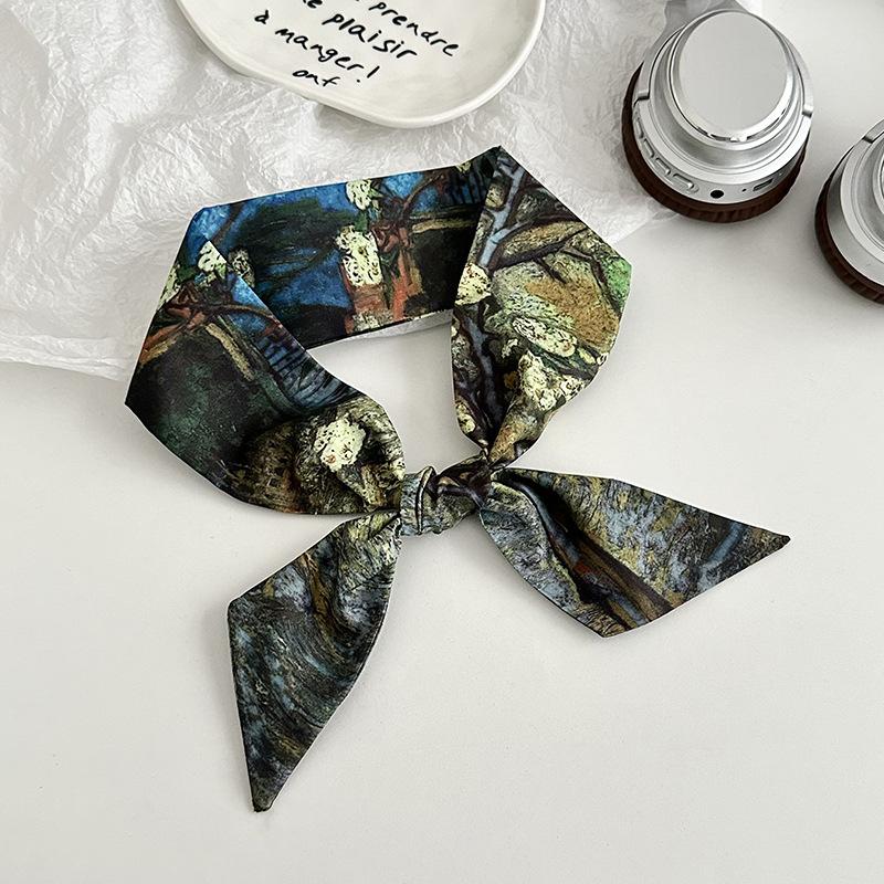 Blue silk scarf, long strip, new fashion, oil painting style, bow, headband, braided hair, tied bag, streamer, multi-purpose waist silk scarf.