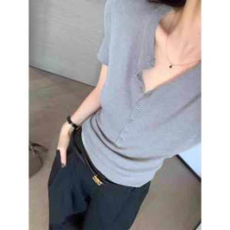 Women's Elegant Deep V Neck Short Sleeve Button Down Slim Fit Knit Top Casual Solid Color Basic Tee