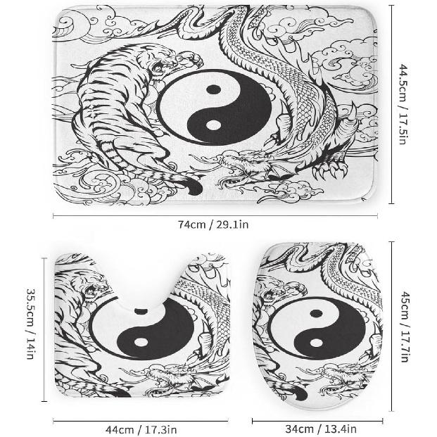 Cool Black and White Dragon and Tiger 4 Pieces Shower Curtain Set,Metaphysical Sky Dragon and Tiger Yin Yang Non-Slip Rugs Toilet Lid Cover Bath Mat