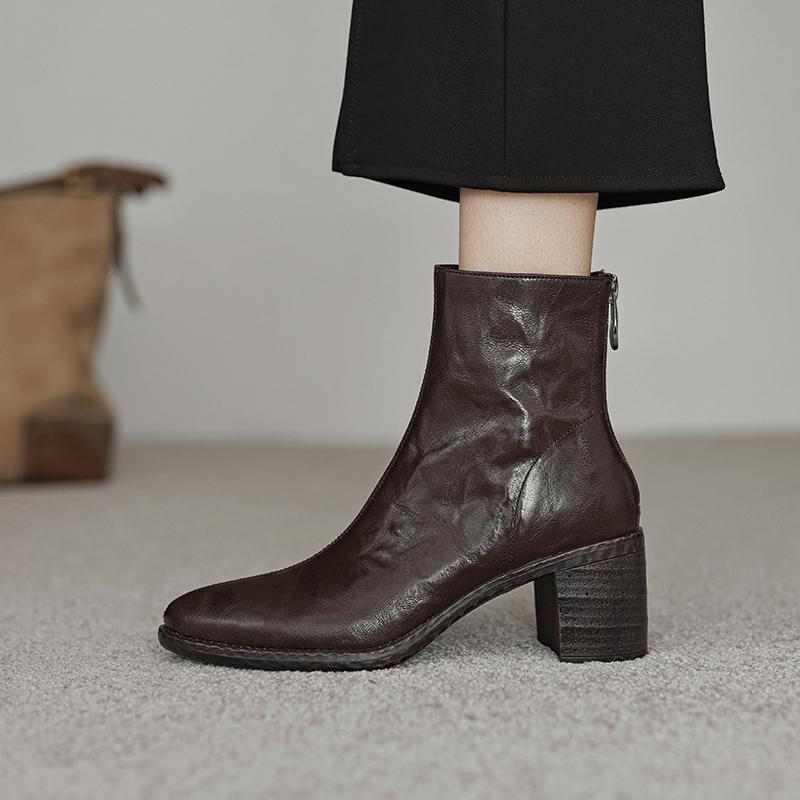 Krazing Pot Îmbrăcăminte de bază Piele de oaie Toamnă Iarnă Pantofi Tocuri groase Cizme Chelsea Vârf rotund Păstrează cald Botine cu fermoar