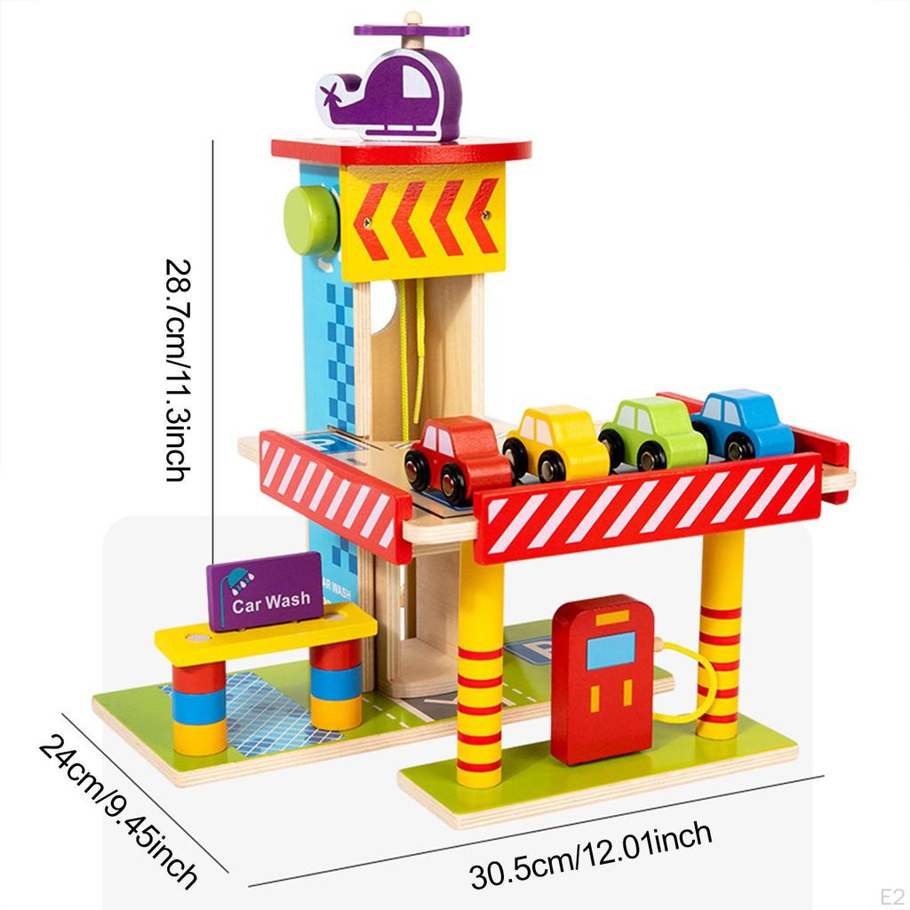 Wooden Parking Garage Playset Pretend Toy Boys Girls Gifts for Kids, Interactive, 3 Tier