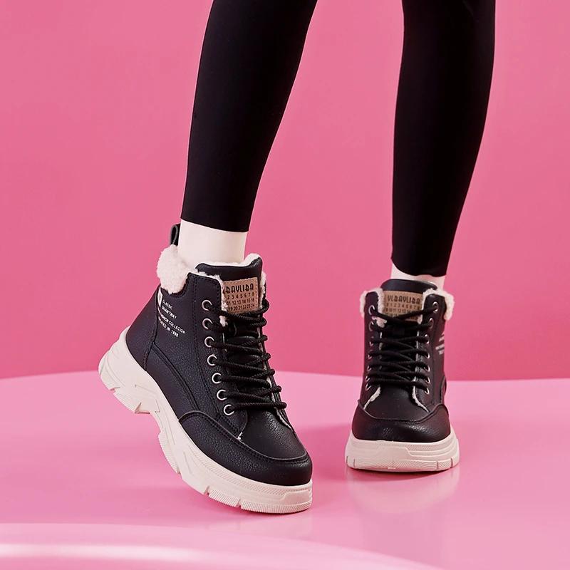 Fashion Women's Cotton Boots 2024 Winter New High Top Women Plush Warm Student Ankle Boots Thick Soled Lace Up Height Increasing Booties