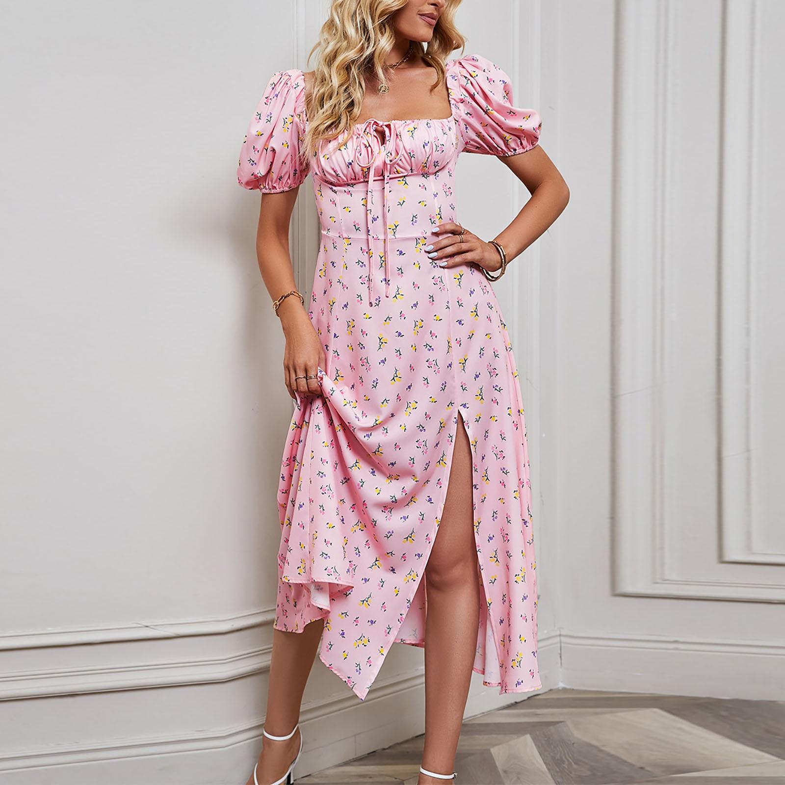 

Женское модное повседневное сексуальное однотонное платье с короткими рукавами и разрезом подол M розовый